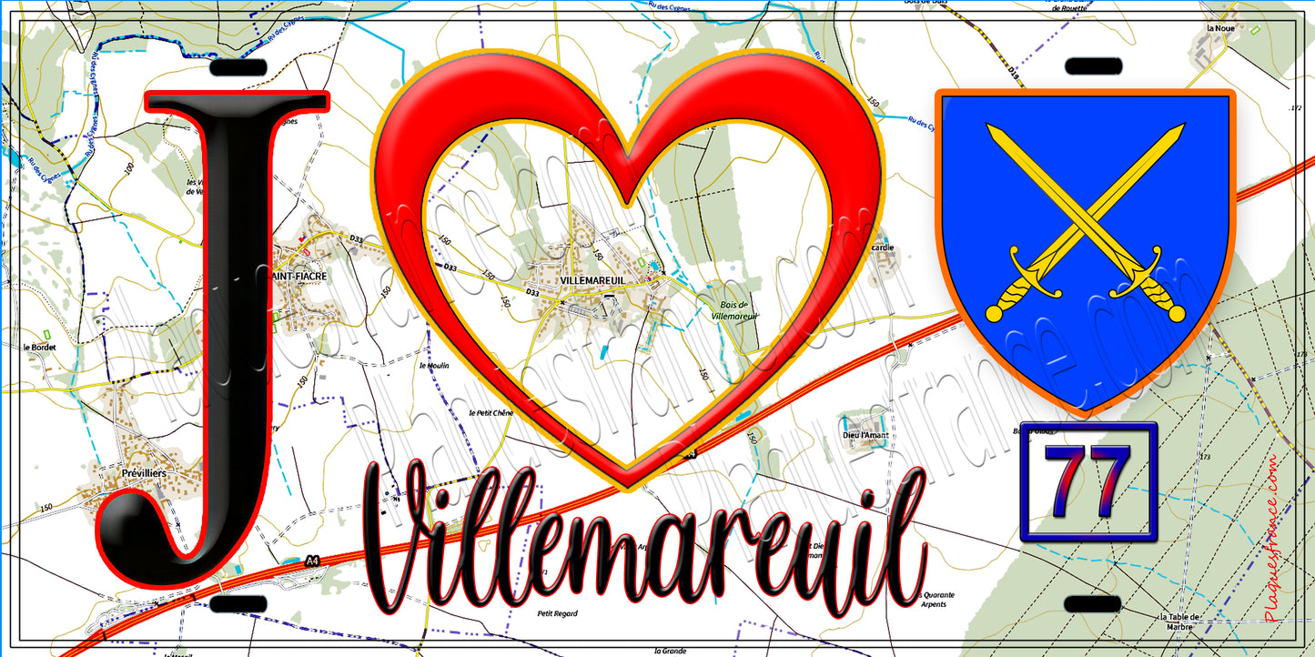 Plaque métal décorative  J' ❤️Villemareuil, Seine et Marne (77) fond carte