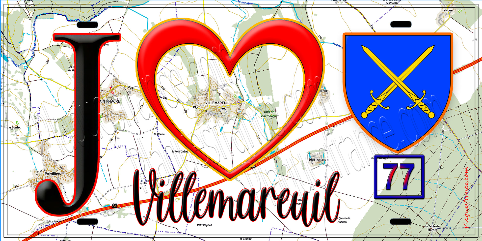 Plaque métal décorative  J' ❤️Villemareuil, Seine et Marne (77) fond carte
