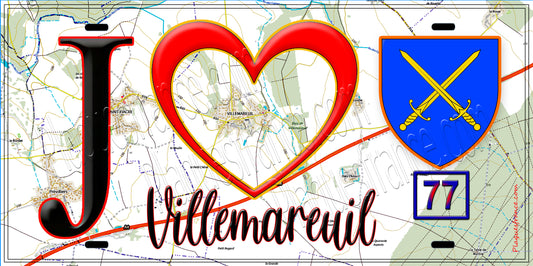 Plaque métal décorative  J' ❤️Villemareuil, Seine et Marne (77) fond carte