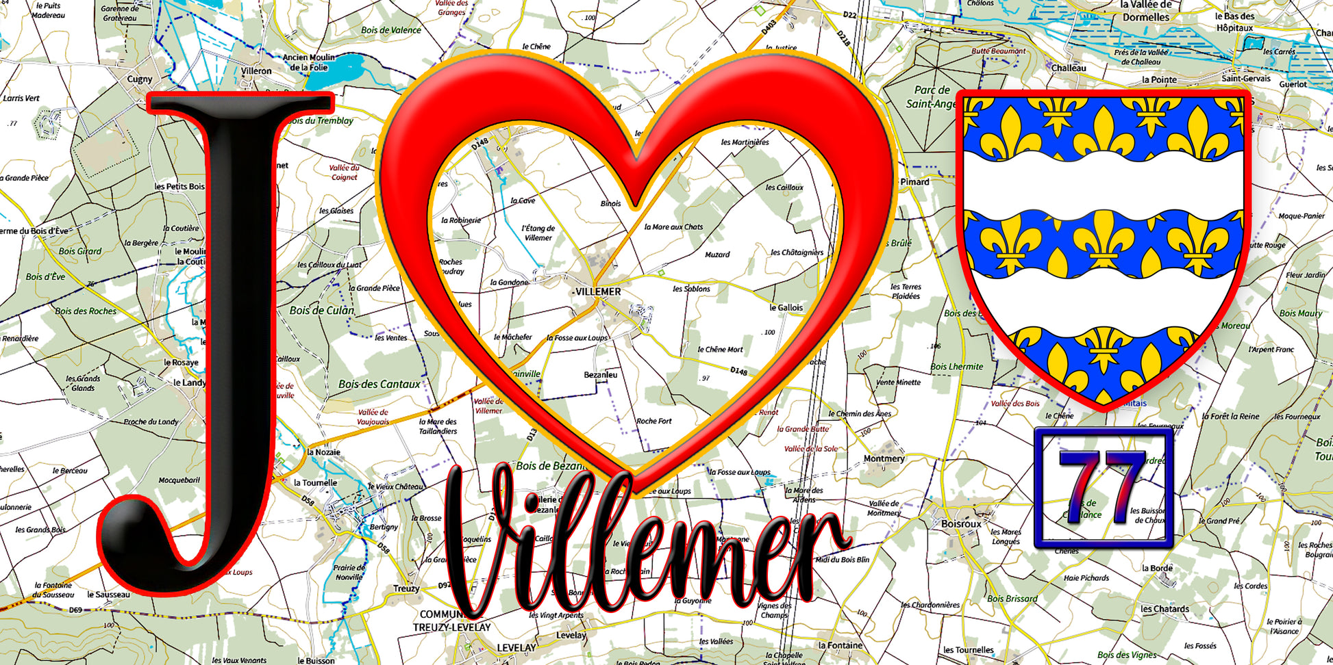 Plaque métal décorative  J' ❤️Villemer, Seine et Marne (77) fond carte