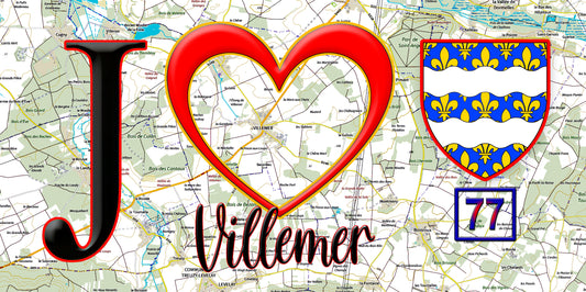 Plaque métal décorative  J' ❤️Villemer, Seine et Marne (77) fond carte