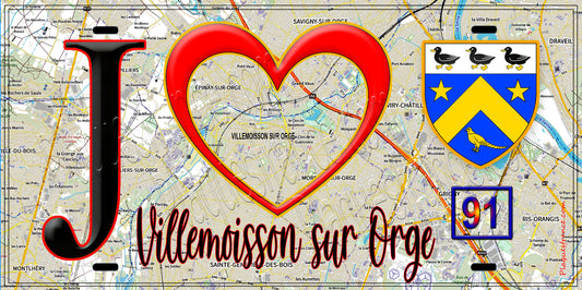 Plaque métal décorative  J' ❤️Villemoisson-sur-Orge, Essonne (91) fond carte