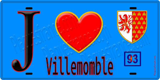 Plaque métal décorative  J' ❤️Villemomble, Seine Saint Denis (93) fond bleu 