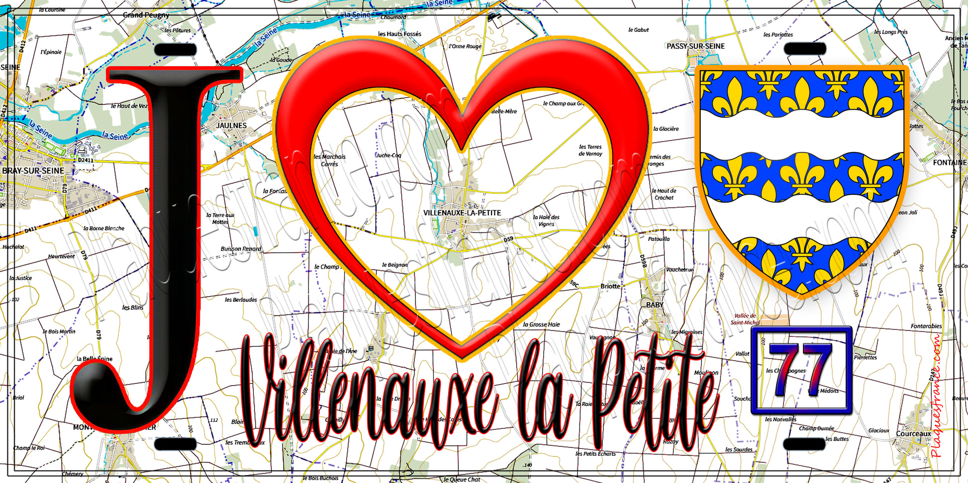 Plaque métal décorative  J' ❤️Villenauxe-la-Petite, Seine et Marne (77) fond carte