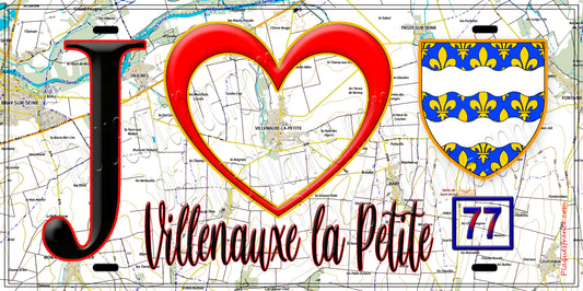 Plaque métal décorative  J' ❤️Villenauxe-la-Petite, Seine et Marne (77) fond carte