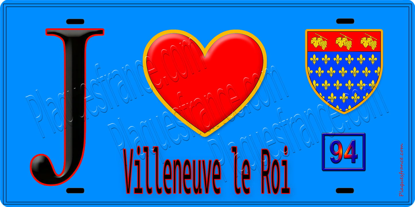 Plaque métal décorative  J' ❤️Villeneuve-le-Roi, Val de Marne (94) fond bleu