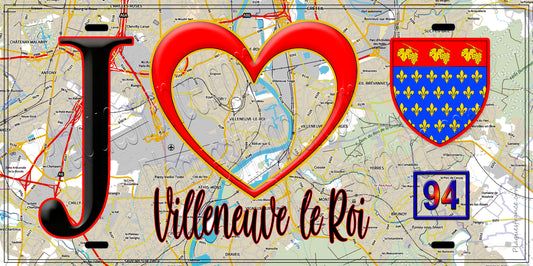 Plaque métal décorative  J' ❤️Villeneuve-le-Roi, Val de Marne (94) fond carte