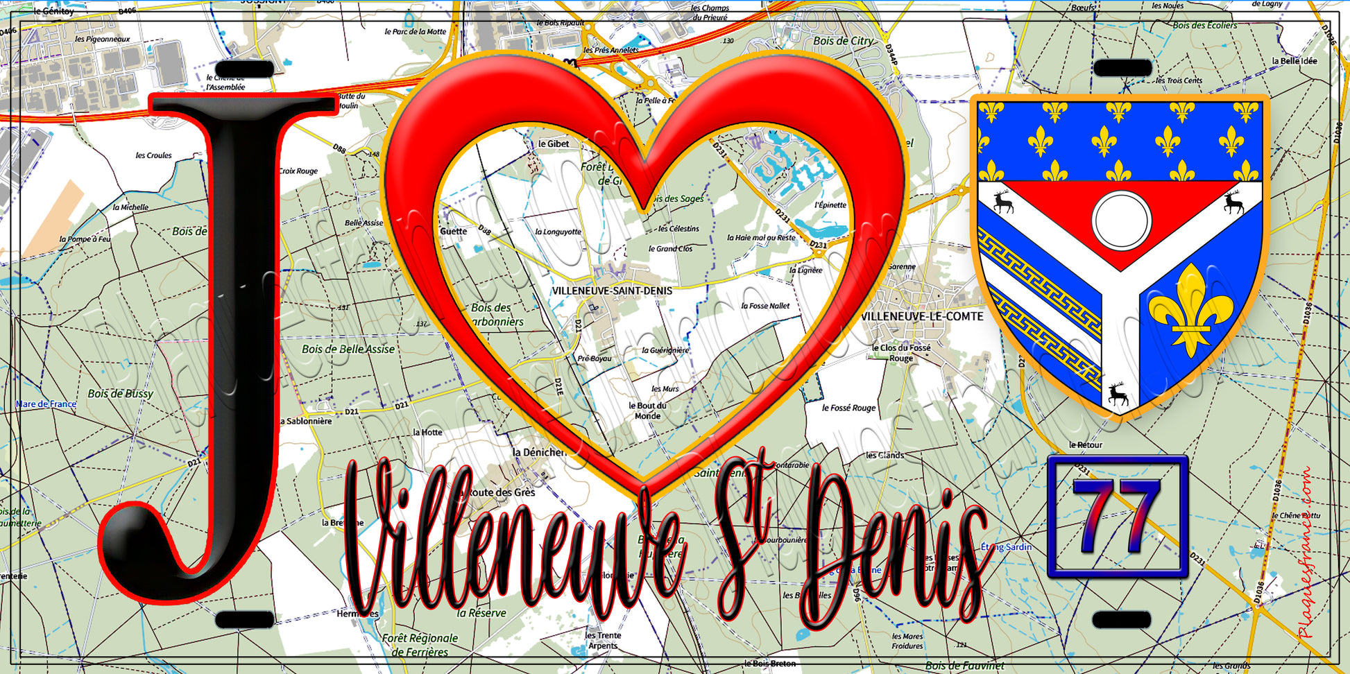 Plaque métal décorative  J' ❤️Villeneuve-Saint-Denis, Seine et Marne (77) fond carte