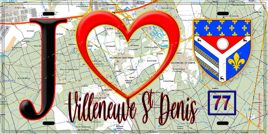 Plaque métal décorative  J' ❤️Villeneuve-Saint-Denis, Seine et Marne (77) fond carte
