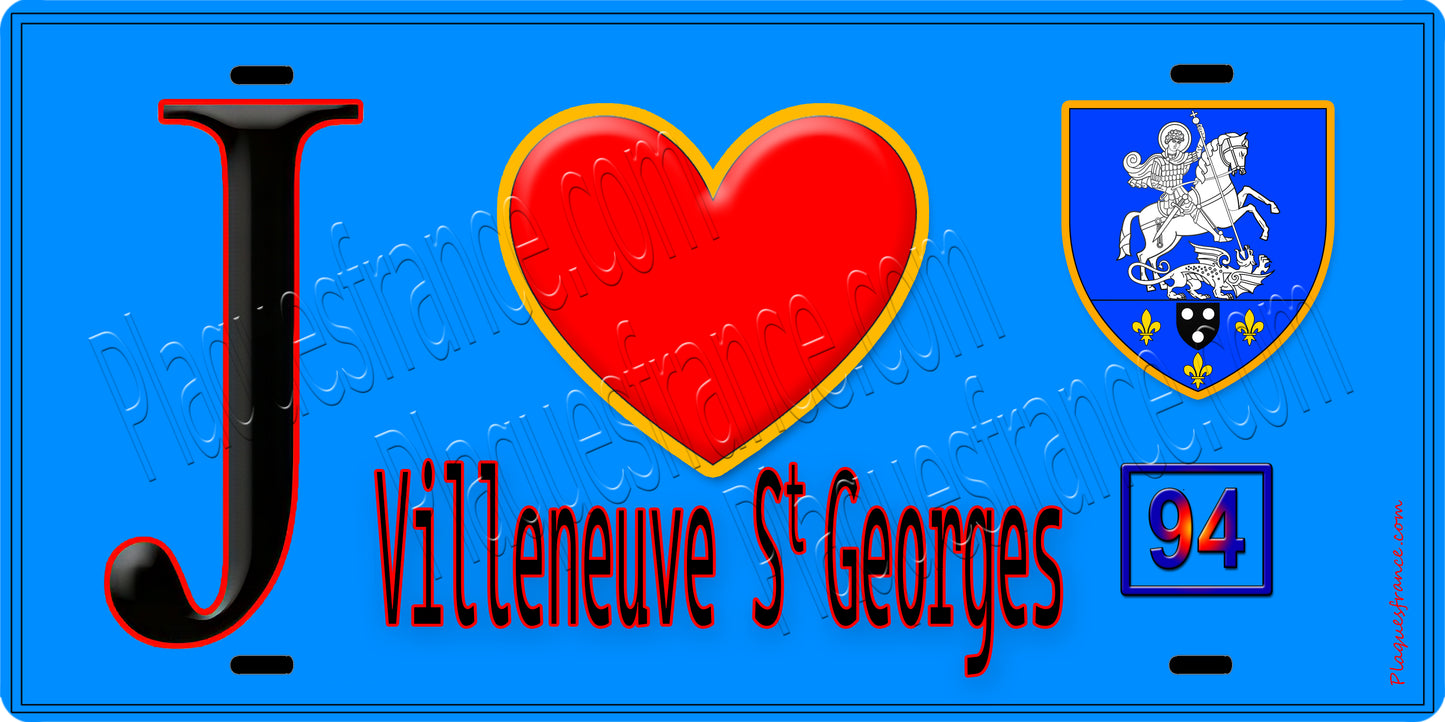 Plaque métal décorative  J' ❤️Villeneuve-Saint-Georges, Val de Marne (94) fond bleu 
