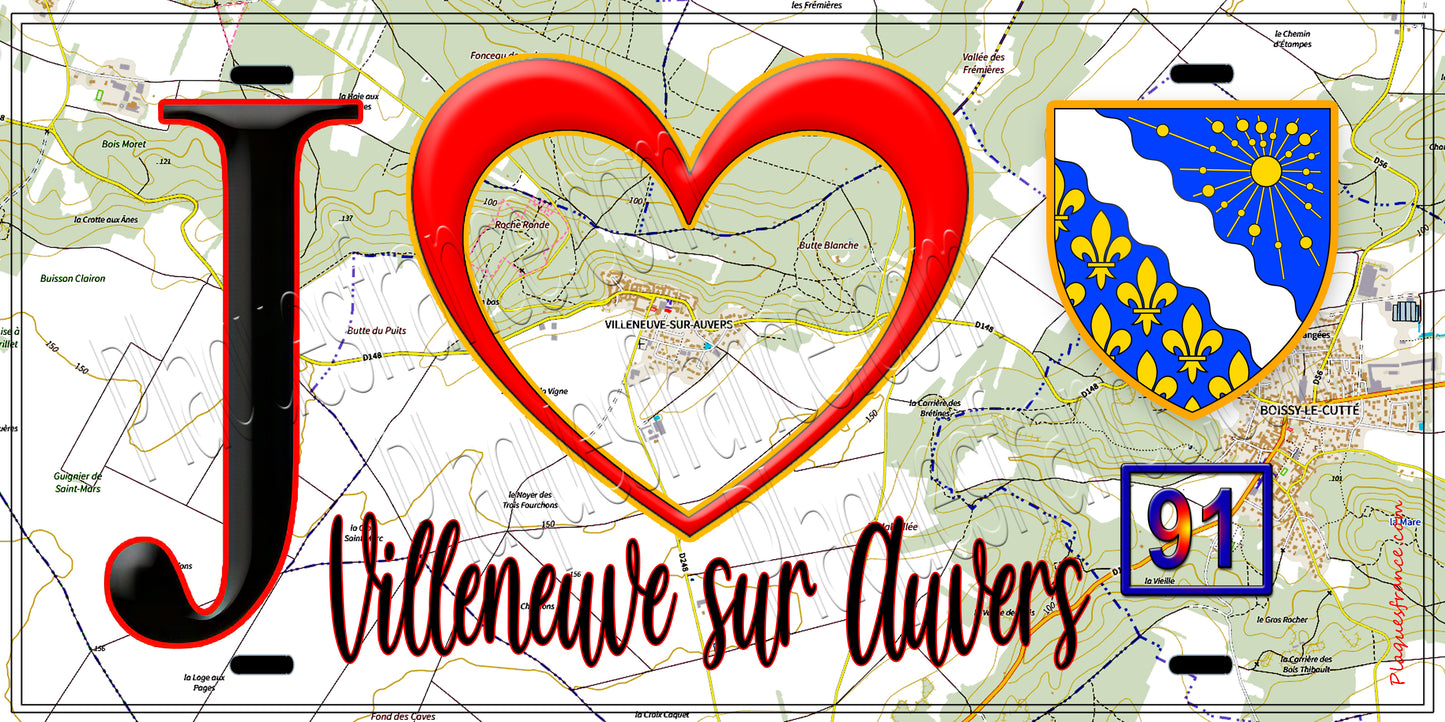 Plaque métal décorative  J' ❤️Villeneuve-sur-Auvers, Essonne (91) fond carte