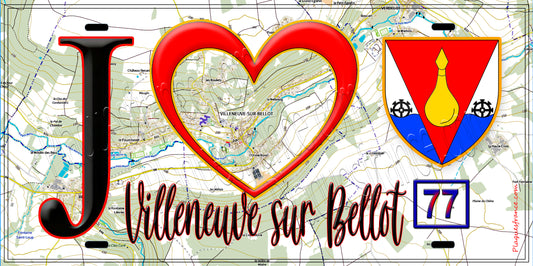 Plaque métal décorative  J' ❤️Villeneuve-sur-Bellot, Seine et Marne (77) fond carte
