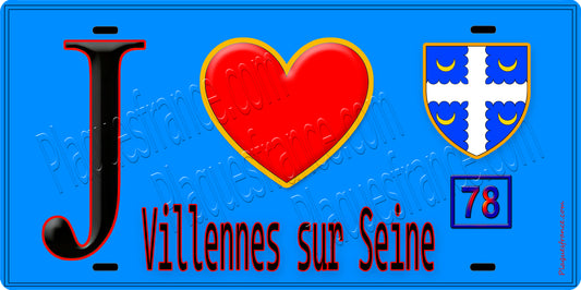 Plaque métal décorative  J' ❤️Villennes-sur-Seine, Yvelines (78) fond bleu