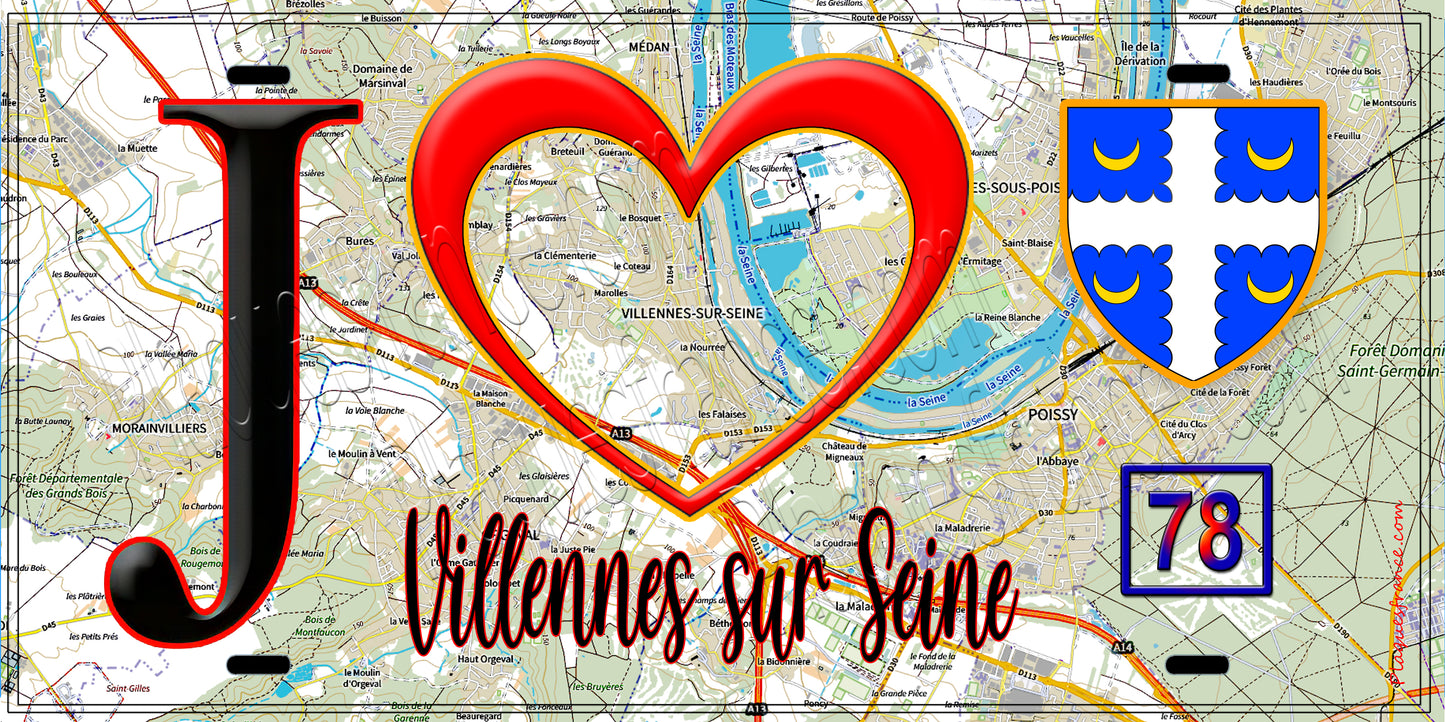 Plaque métal décorative  J' ❤️Villennes-sur-Seine, Yvelines (78) fond carte