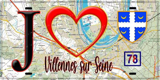Plaque métal décorative  J' ❤️Villennes-sur-Seine, Yvelines (78) fond carte