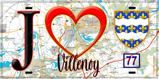 Plaque métal décorative  J' ❤️Villenoy, Seine et Marne (77) fond carte
