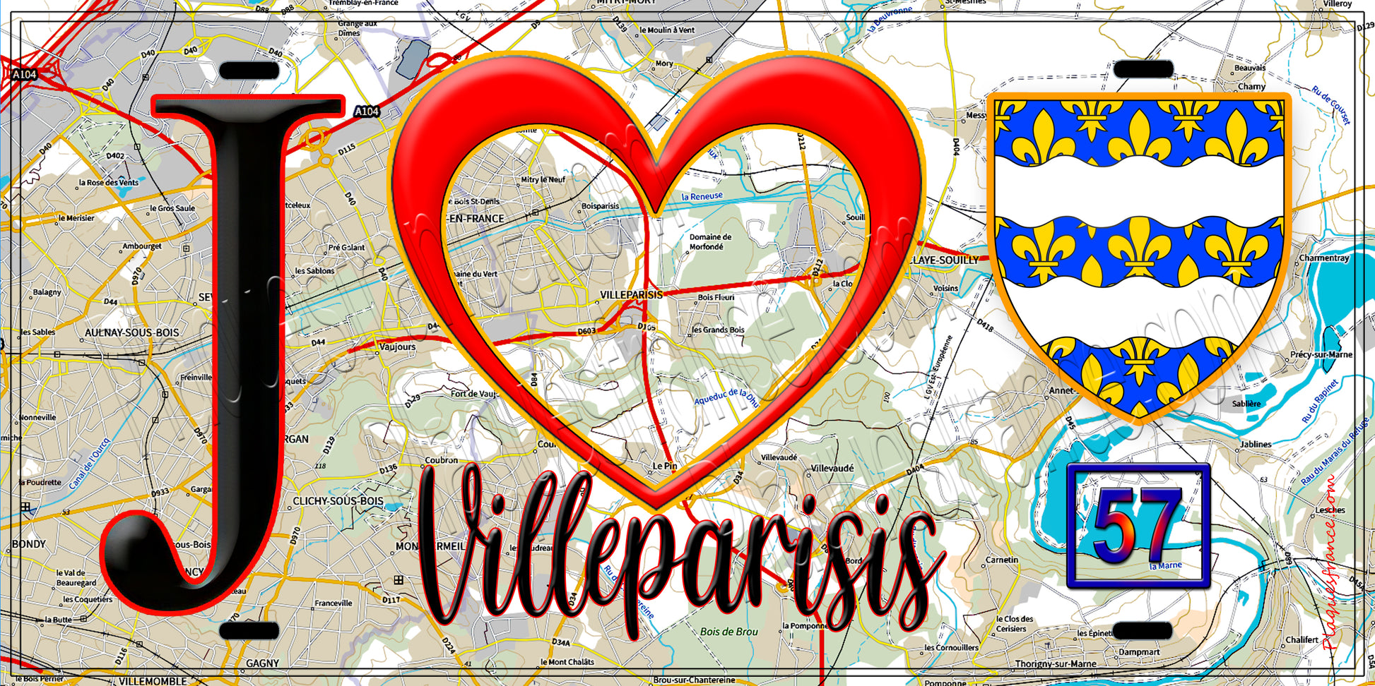 Plaque métal décorative  J' ❤️Villeparisis, Seine et Marne (77) fond carte