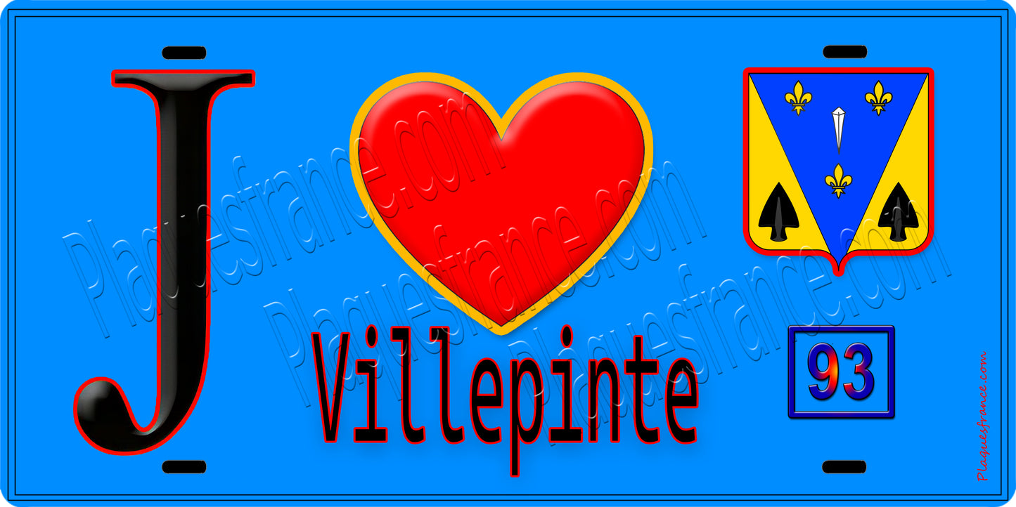 Plaque métal décorative  J' ❤️Villepinte, Seine Saint Denis (93) fond bleu