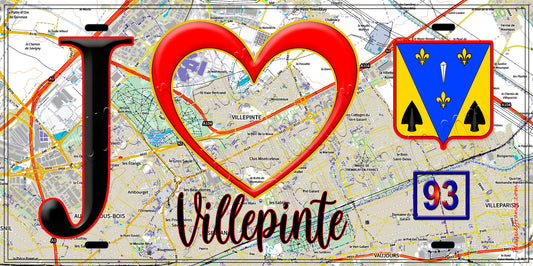 Plaque métal décorative  J' ❤️Villepinte, Seine Saint Denis (93) fond carte