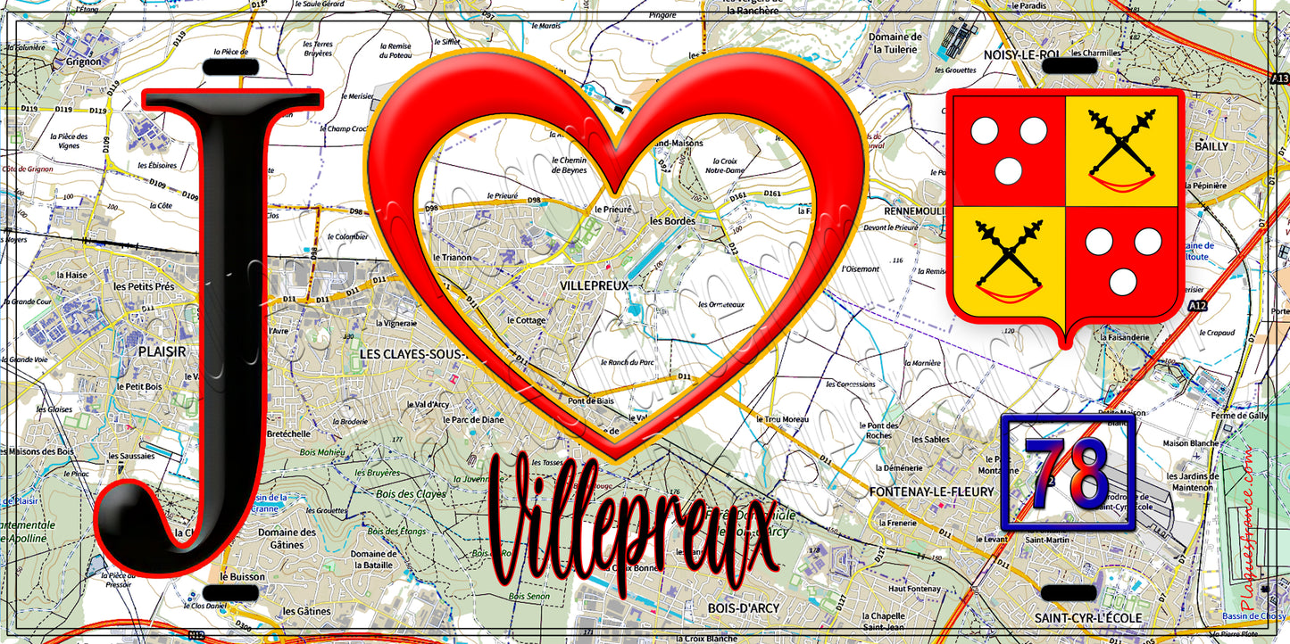 Plaque métal décorative  J' ❤️Villepreux, Yvelines (78) fond carte
