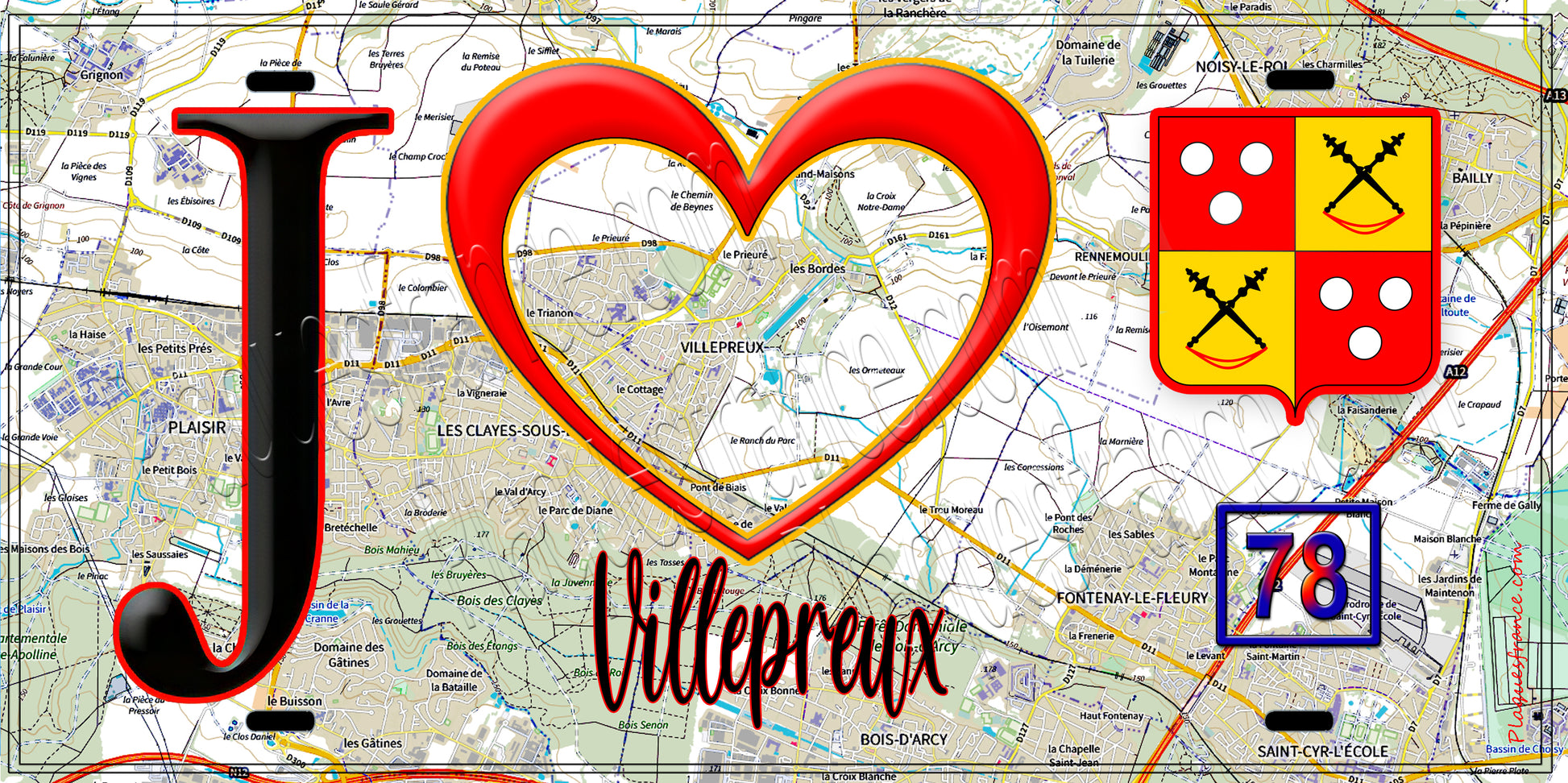 Plaque métal décorative  J' ❤️Villepreux, Yvelines (78) fond carte