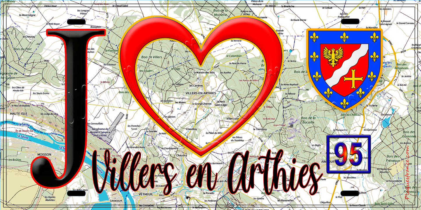Plaque métal décorative  J' ❤️Villers-en-Arthies, Val d'Oise (95) fond carte