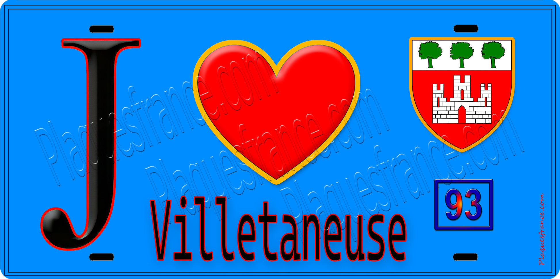 Plaque métal décorative  J' ❤️Villetaneuse, Seine Saint Denis (93) fond bleu