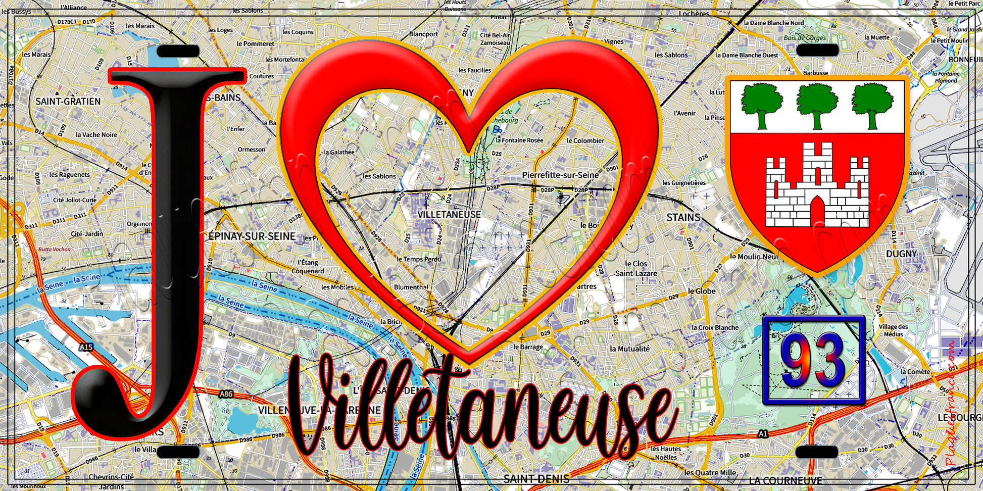 Plaque métal décorative  J' ❤️Villetaneuse, Seine Saint Denis (93) fond carte