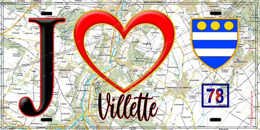 Plaque métal décorative  J' ❤️Villette, Yvelines (78) fond carte