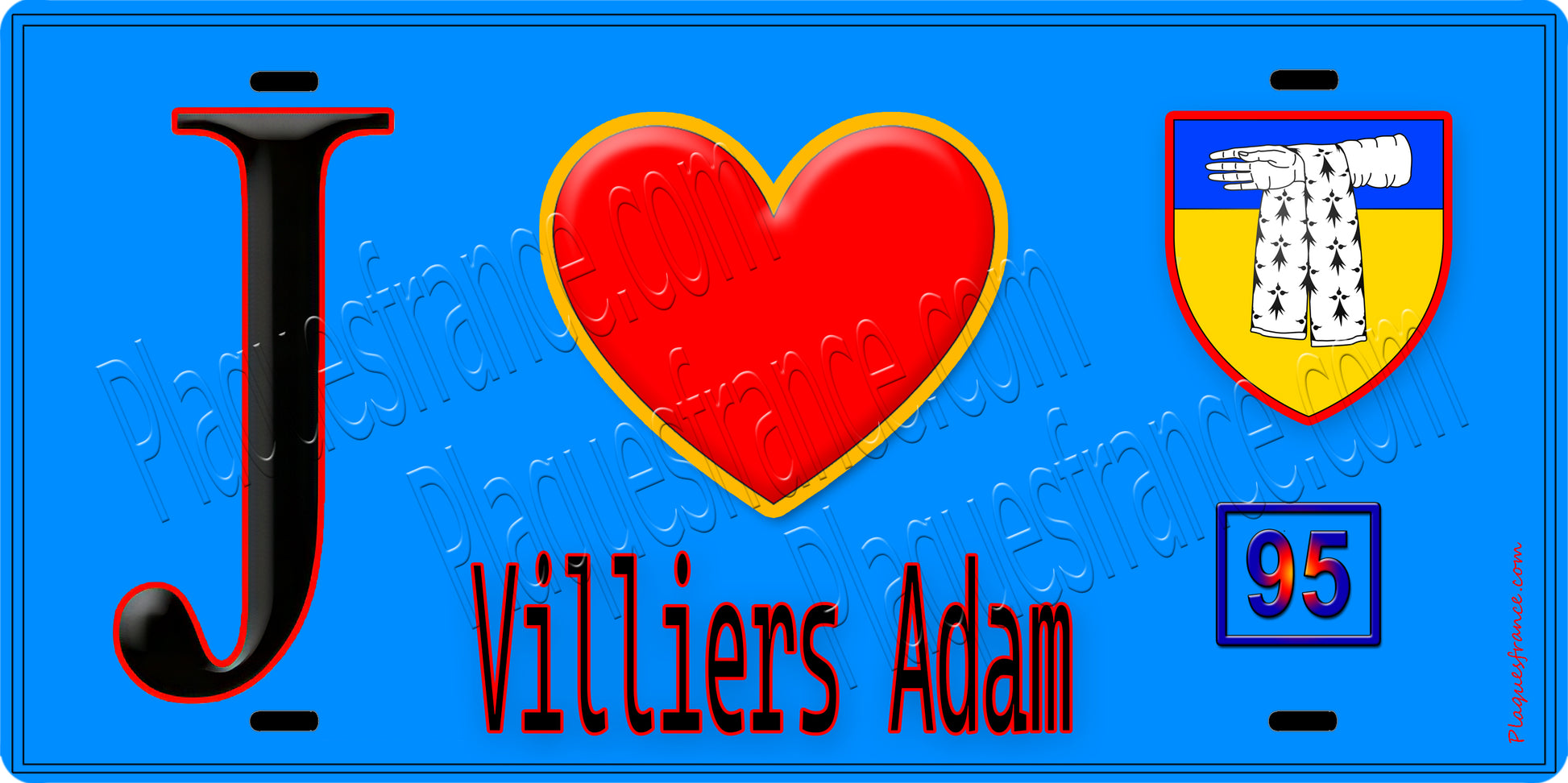Plaque métal décorative  J' ❤️Villiers-Adam, Val d'Oise (95) fond bleu