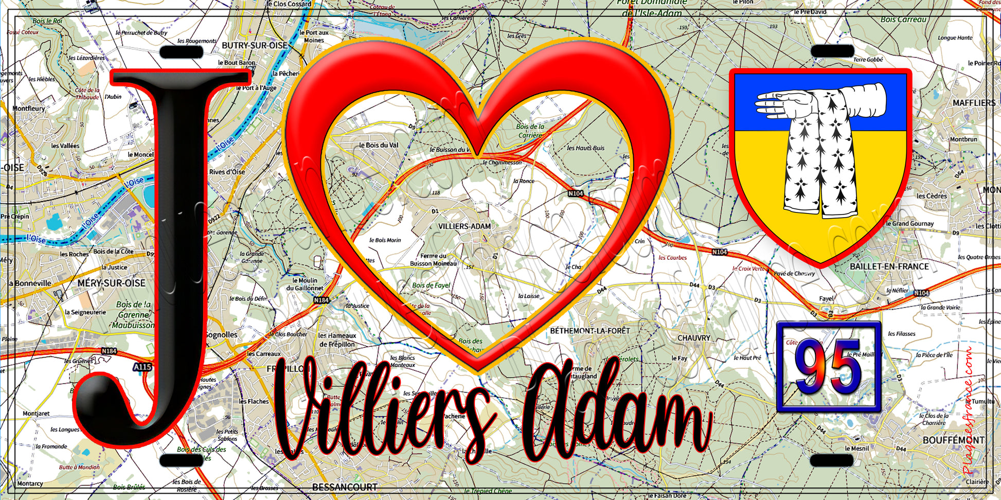 Plaque métal décorative  J' ❤️Villiers-Adam, Val d'Oise (95) fond carte