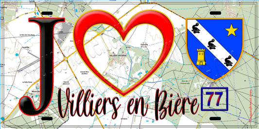 Plaque métal décorative  J' ❤️Villiers-en-Bière, Seine et Marne (77) fond bière