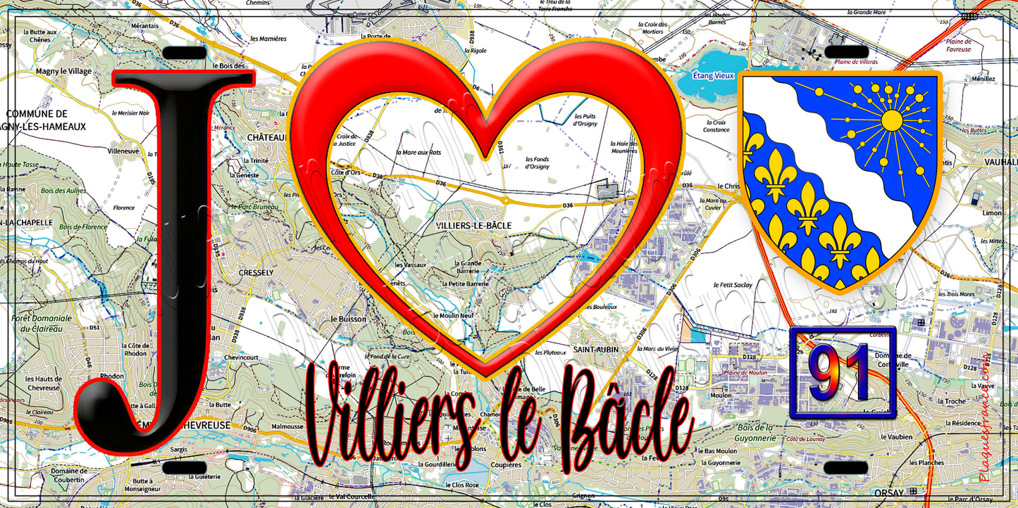 Plaque métal décorative  J' ❤️Villiers-le-Bâcle, Essonne (91) fond carte