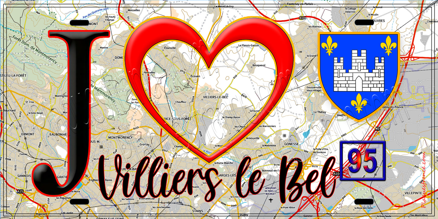 Plaque métal décorative  J' ❤️Villiers-le-Bel, Val d'Oise (95) fond carte