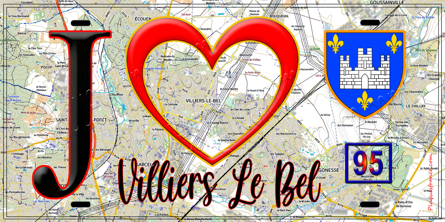 Plaque métal décorative  J' ❤️Villiers-le-Bel, Val d'Oise (95) fond carte