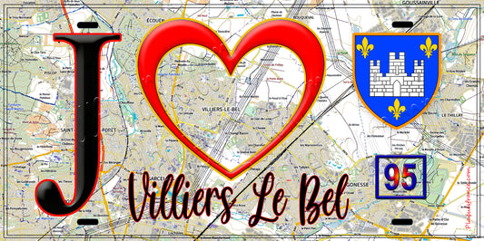 Plaque métal décorative  J' ❤️Villiers-le-Bel, Val d'Oise (95) fond carte