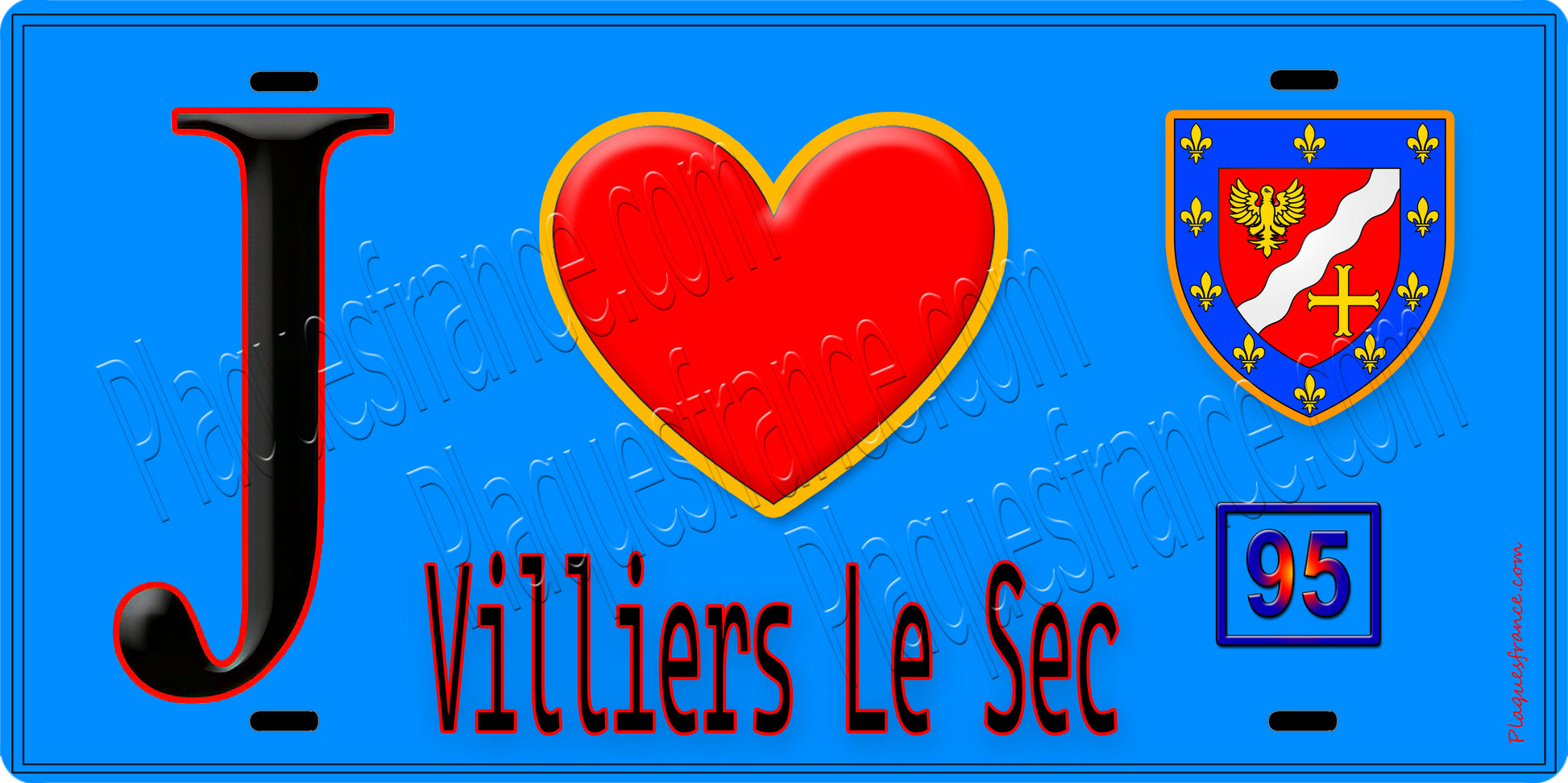Plaque métal décorative  J' ❤️Villiers-le-Sec, Val d'Oise (95) fond bleu