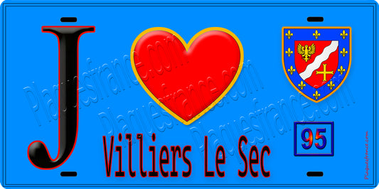 Plaque métal décorative  J' ❤️Villiers-le-Sec, Val d'Oise (95) fond bleu