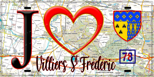 Plaque métal décorative  J' ❤️Villiers-Saint-Frédéric, Yvelines (78) fond carte