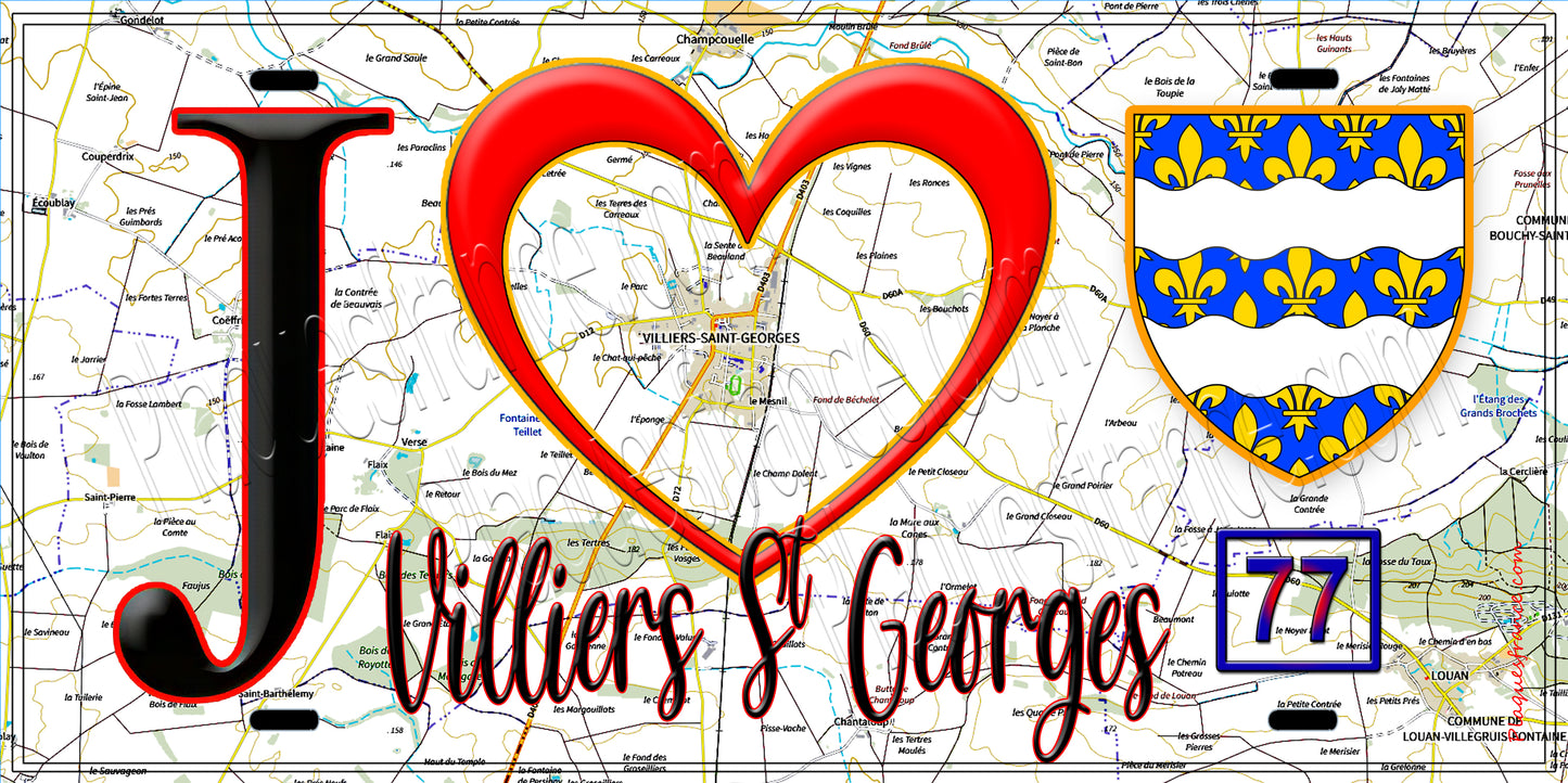 Plaque métal décorative  J' ❤️Villiers-Saint-Georges, Seine et Marne (77) fond carte