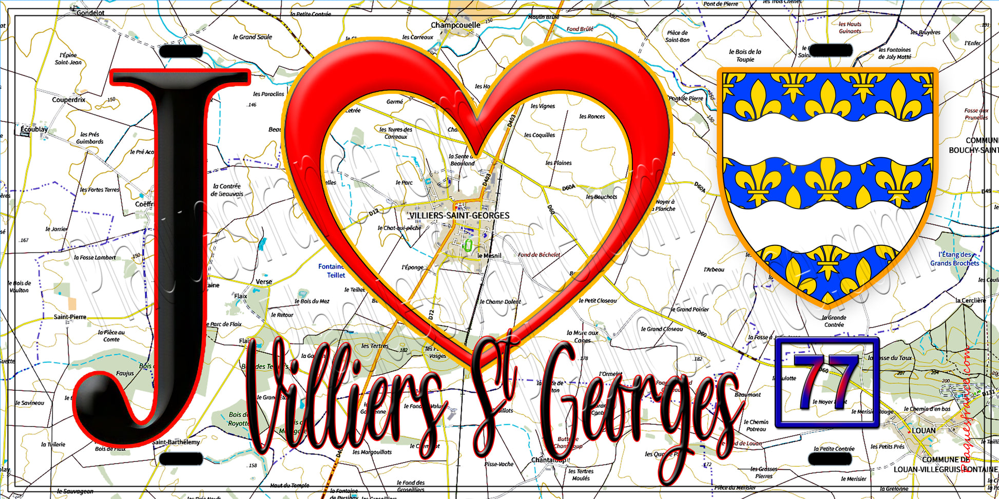 Plaque métal décorative  J' ❤️Villiers-Saint-Georges, Seine et Marne (77) fond carte