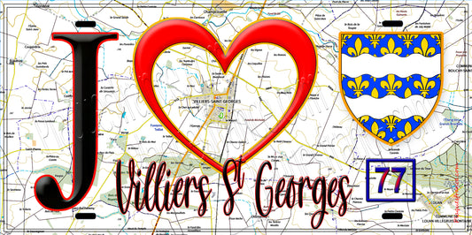 Plaque métal décorative  J' ❤️Villiers-Saint-Georges, Seine et Marne (77) fond carte