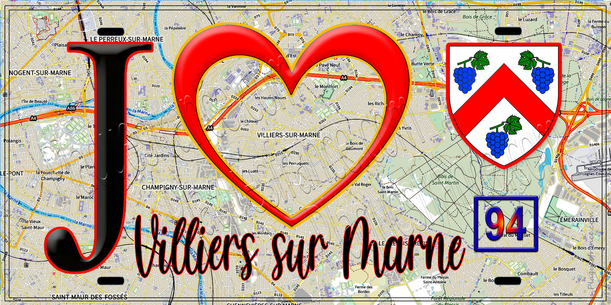 Plaque métal décorative  J' ❤️Villiers-sur-Marne, Val de Marne (94) fond carte