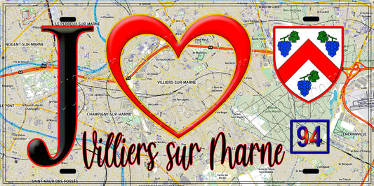 Plaque métal décorative  J' ❤️Villiers-sur-Marne, Val de Marne (94) fond carte