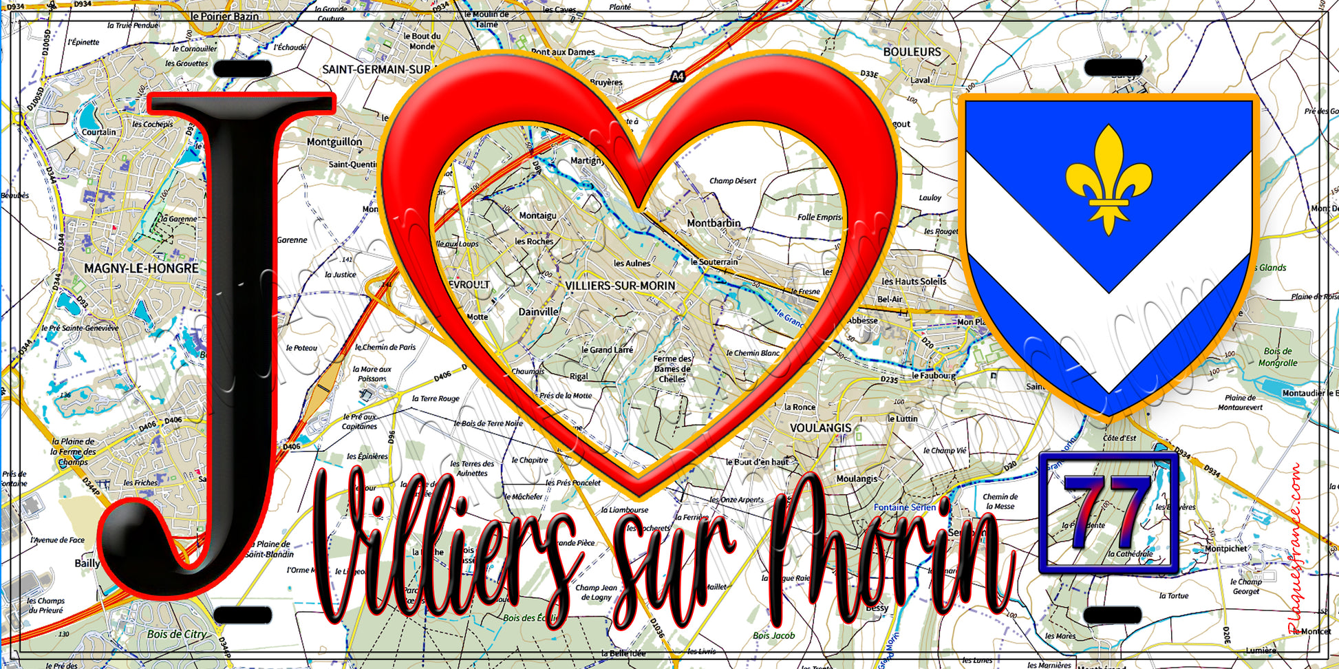Plaque métal décorative  J' ❤️Villiers-sur-Morin, Seine et Marne (77) fond carte