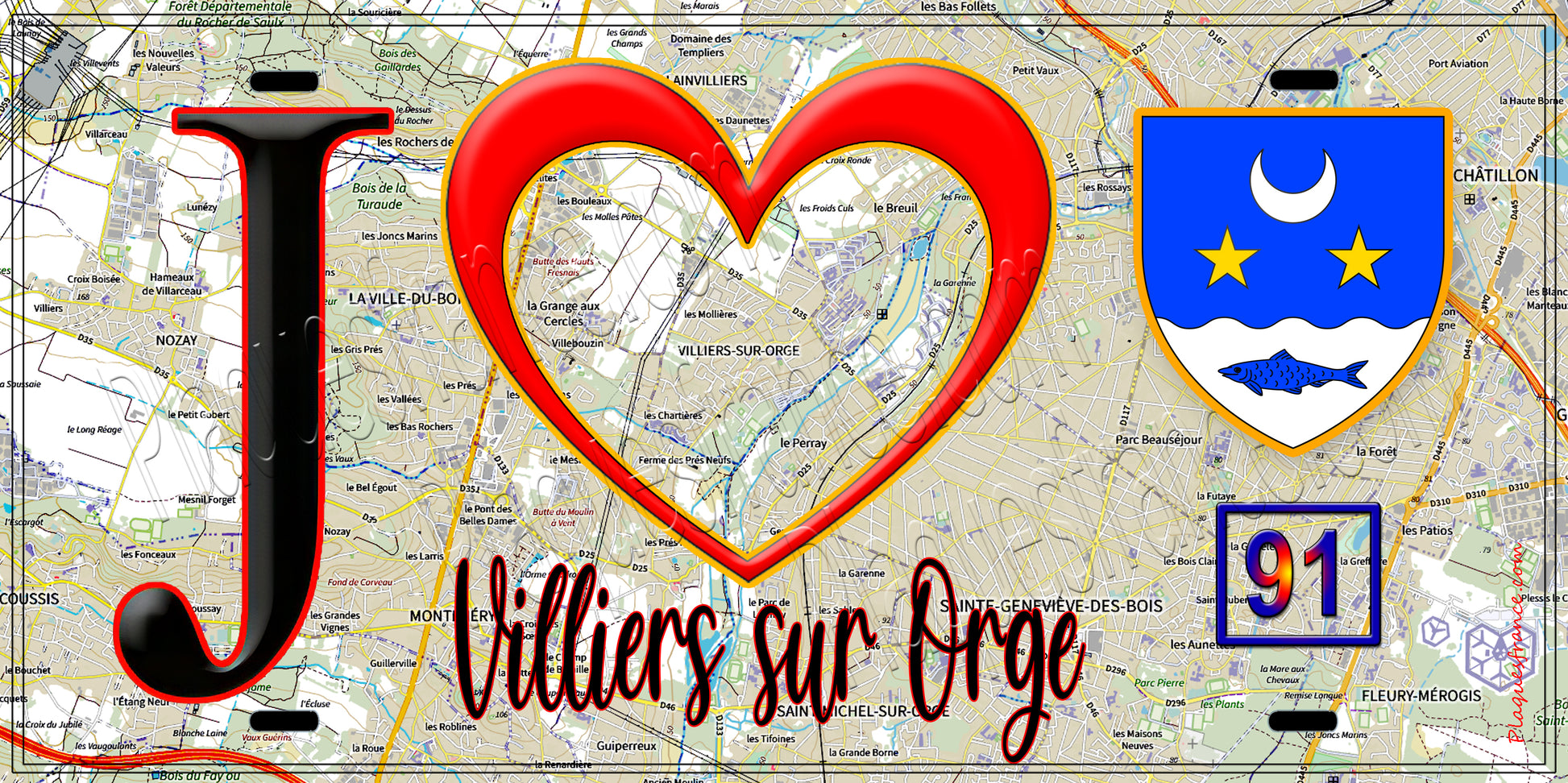 Plaque métal décorative  J' ❤️Villiers-sur-Orge, Essonne (91) fond carte