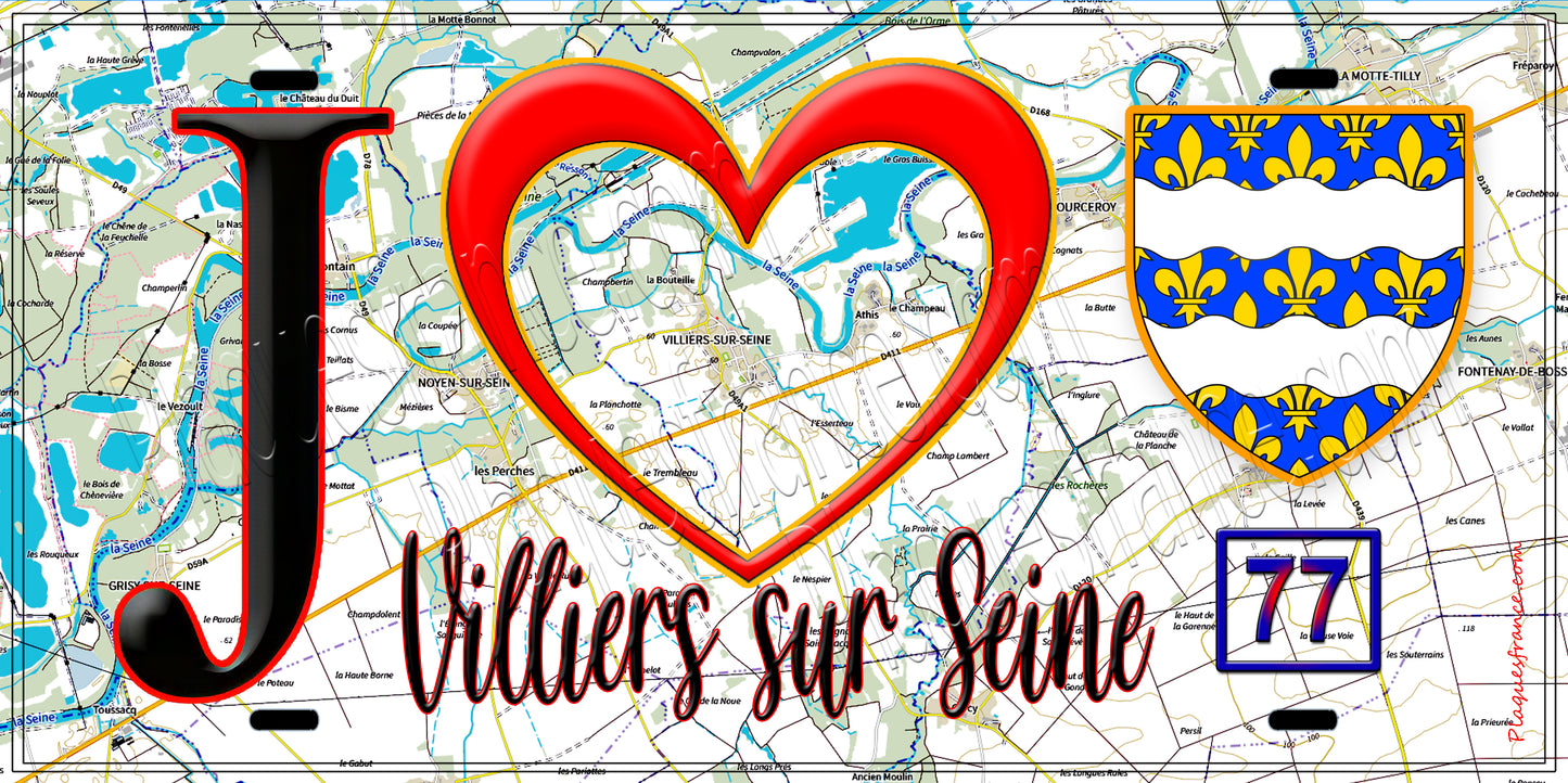 Plaque métal décorative  J' ❤️Villiers-sur-Seine, Seine et Marne (77) fond carte
