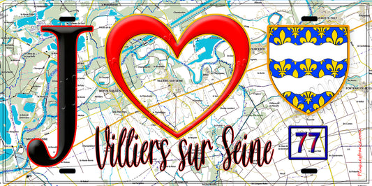 Plaque métal décorative  J' ❤️Villiers-sur-Seine, Seine et Marne (77) fond carte