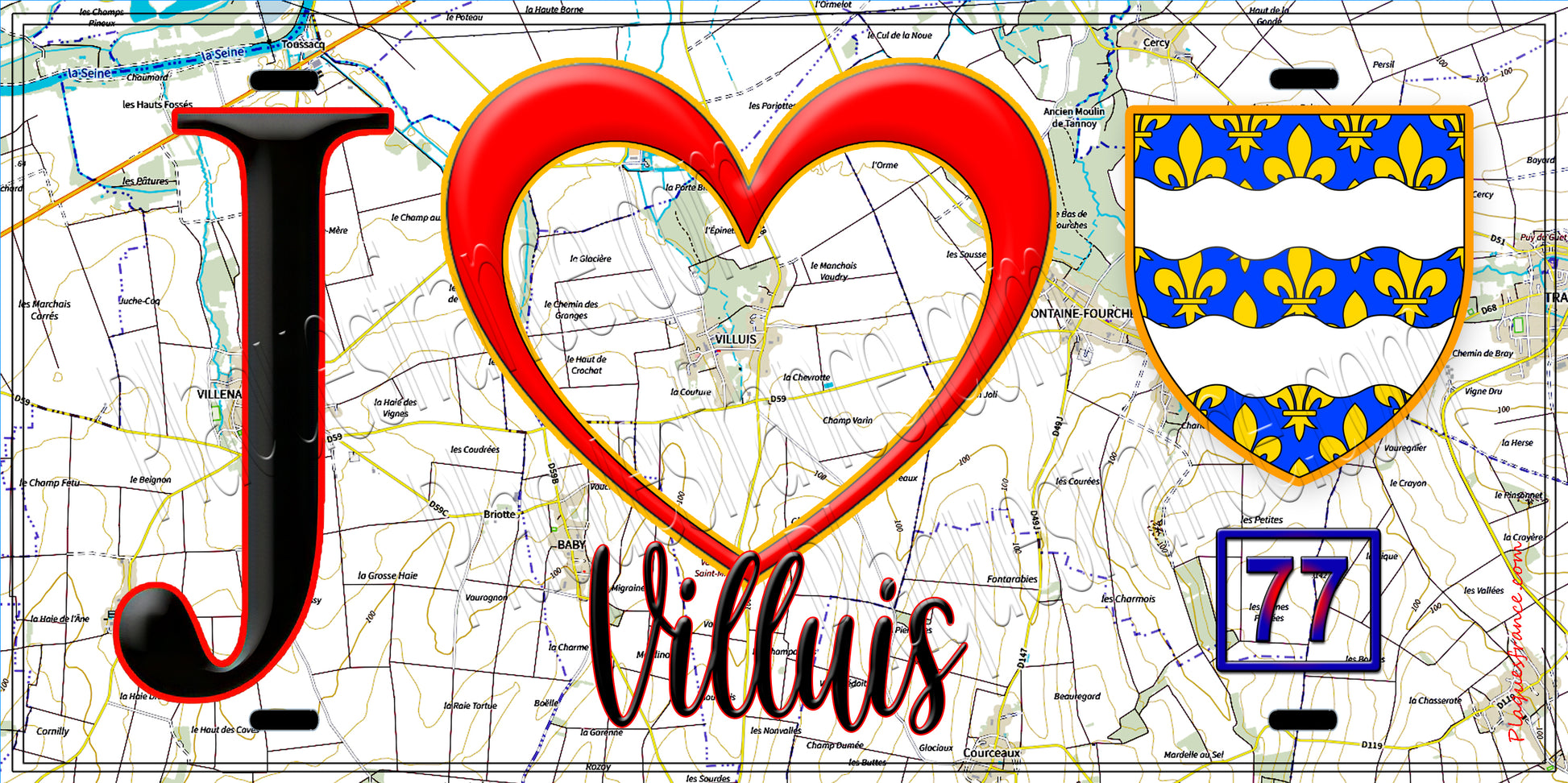 Plaque métal décorative  J' ❤️Villuis, Seine et Marne (77) fond carte