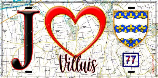 Plaque métal décorative  J' ❤️Villuis, Seine et Marne (77) fond carte